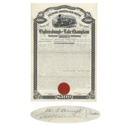Odgensburgh & Lake Champlain Railroad Co. Signed By Stuyvesant Fish As Trustee