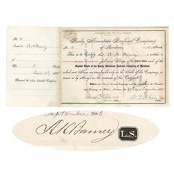 Rocky Mountain Railroad Co. Issued To And Signed On Attached Stock Receipt By A.H. Barney