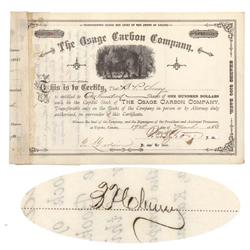 Osage Carbon Company Issued To And Signed By B.P. Cheney And Signed As President By W.B. Strong