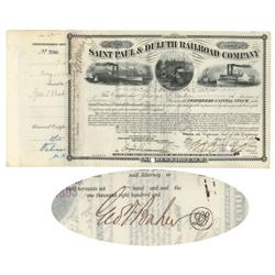 Saint Paul & Duluth Railroad Company Issued To And Signed By George F. Baker