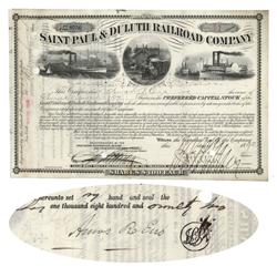Saint Paul & Duluth Railroad Company Certificate Issued To And Signed By Noted New York Real Estate 
