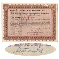 United States Shipbuilding Company Securities Syndicate Signed On Verso By Stuyvesant Fish