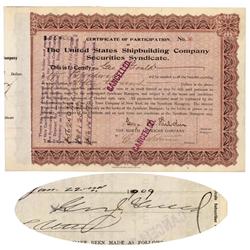 United States Shipbuilding Company Securities Syndicate Issued To And Signed By George Jay Gould