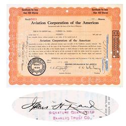 Aviation Corporation Of The Americas Issued To And Signed On Verso By James H. Rand