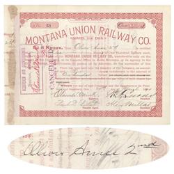 Montana Union Railway Co. Stock Issued To And Signed On Verso By Oliver Ames 2nd