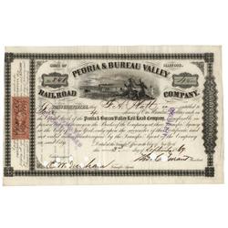 Peoria & Bureau Valley Railroad Company Stock Signed as President by Thomas C. Durant