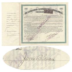 San Francisco & San Joaquin Valley Railway Company Stock Issued to and Signed on Verso by James B. S