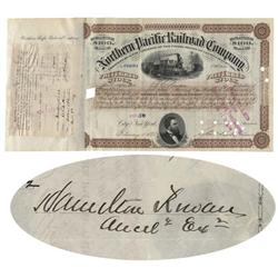 Northern Pacific Stock Issued to and Signed on the stub by Admiral Stephen Clegg Rowan