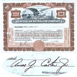 Venezuelan Petroleum Company Stock Certificate Issued To And Signed By Amon G. Carter, Jr.