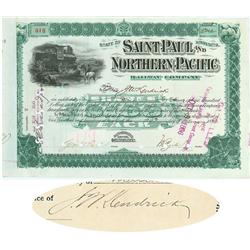 Saint Paul And Northern Pacific RW Co. Issued To And Signed By J.W. Kendrick