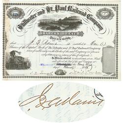 Stillwater And St. Paul RR Co. Issued To And Signed By  J. Q. Adams
