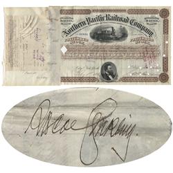 Northern Pacific Railroad Stock Issued To and Endorsed on Verso by Congressman and Senator Roscoe Co
