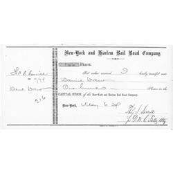 NY And Harlem RR Stock Transfer Issued To Daniel Drew