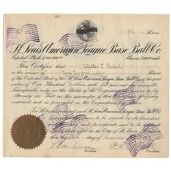An Early St. Louis Browns Stock Issued To And Signed By Part Owner And President Philip Ball