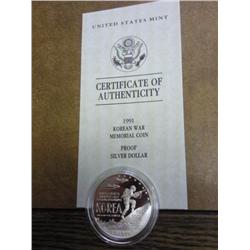 1991 Korean War Memorial Proof Silver Dollar