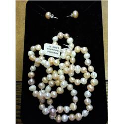 Pink And White Genuine Pearl Necklace & Earrings