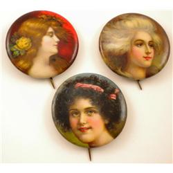 3 Napoleon Tobacco Pinbacks of Victorian Women