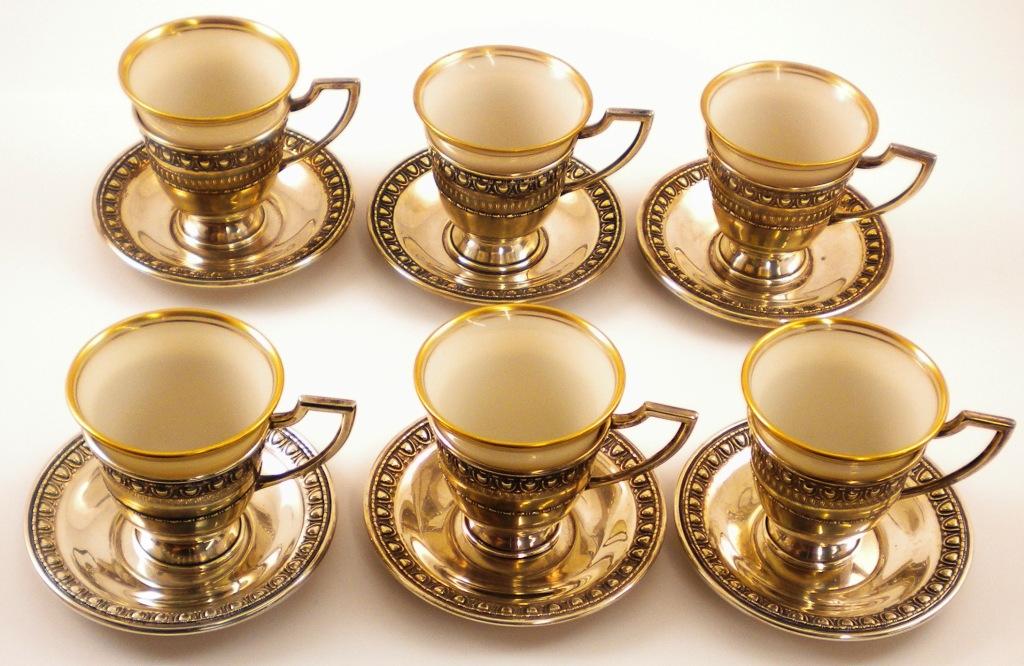 * 6 Sterling Silver Demitasse Cup and Saucer sets With Lenox Liners