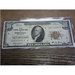 1929 US $10 National Currency Minneapolis