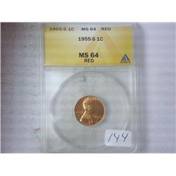 1955-S Lincoln Cent ANACS MS64 RED