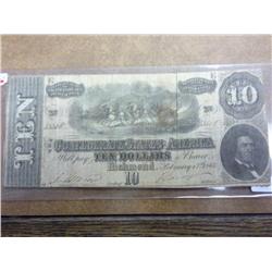 1864 Confederate States Of America $10 Currency