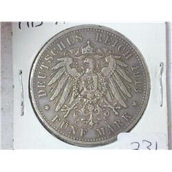 1913-A German Prussia 5 Mark (Silver)