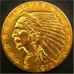 1912 Genuine $21/2 Gold Indian AU50 Coin