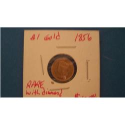 1856 Gold $1 Indian Princess Coin W/Diamond