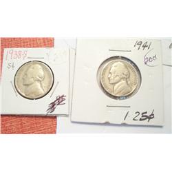 Two Key Date Jefferson Nickels, 1938, 1941