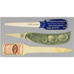 Three Celluloid Advertising Letter Openers