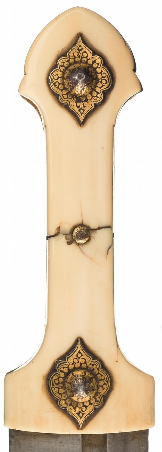 Gold Inlaid Caucasian Knife with Ivory Grip and Gold and Silver Inlaid
