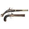 Image 1 : Two Antique Pistols -A) Middle Eastern Flintlock Pistol   B) Engraved English Percussion Pistol<b