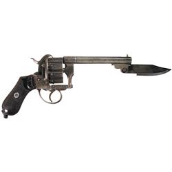 Unique Engraved Belgian W. Ortmann 10-Round Cylinder Pinfire Revolver with Underbarrel Folding Knife