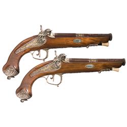 Exceptional Matched Pair of Engraved Spanish Percussion Pistols -A) Engraved Spanish Percussion Pist