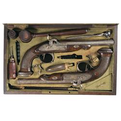 Cased Pair of Gold Inlaid French Chenard Marked Dueling Pistols -A) Cased Engraved French Dueling Pi