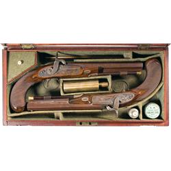 Cased Pair of English Percussion Holster Pistols by Collins -A) English Percussion Holster Pistol by