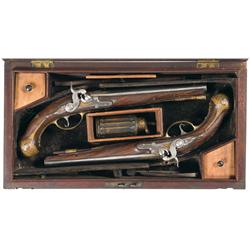 Cased Pair of Engraved Percussion Conversion Pistols -A) Inlaid and Engraved Percussion Conversion P