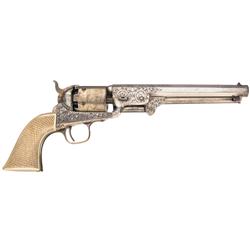 Rare Factory Engraved Silver and Gold Plated Colt Model 1851 Navy Revolver with Checkered Ivory Grip