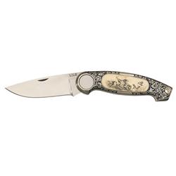 Engraved Jimmy Lile Folding Knife with Scrimshaw Ivory Inlays