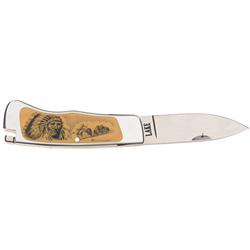 Desirable Ron Lake Number 37 Folding Knife with Adam Funmaker Signed Scrimshaw with Ivory Inlay