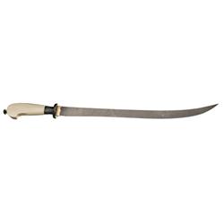 Engraved and Gold Inlaid Ronald A. Frazier Damascus Knife with Ivory Handle