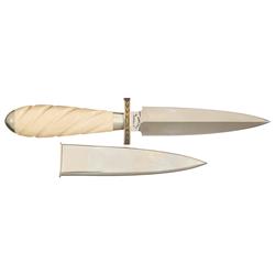 Legendary Knifemaker Buster Warenski Gold Inlaid Dagger with Ivory Handle and Sheath