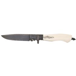 Ronald A. Frazier Damascus Knife with Scrimshaw Ivory Handle