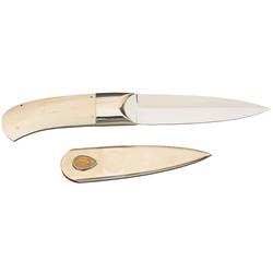 Gold Plated Engraved Jim Ence Boot Knife with Ivory Scales and Sheath