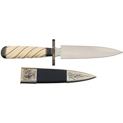 Legendary Knifemaker Buster Warenski Engraved and Gold Inlaid Dagger with Ivory Handle and Sheath