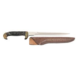 Engraved W.W. Wood Knife with Stag Scales and Sheath