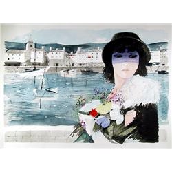 Charles Levier, Woman with Sailboats, Lithograph