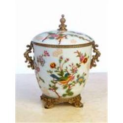 FLORAL PORCELAIN AND BRASS JAR WITH LID
