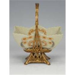 FLORAL PORCELAIN BOWL WITH BRASS ACCENTS