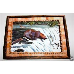 "BEAR FISHING" - FRAMED -   WOOD CARVING  -  QUALITY